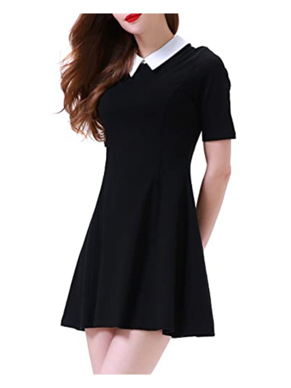 Women's Peter Pan Collar Fit and Flare Skater Dress Short Sleeve Cotton Blend